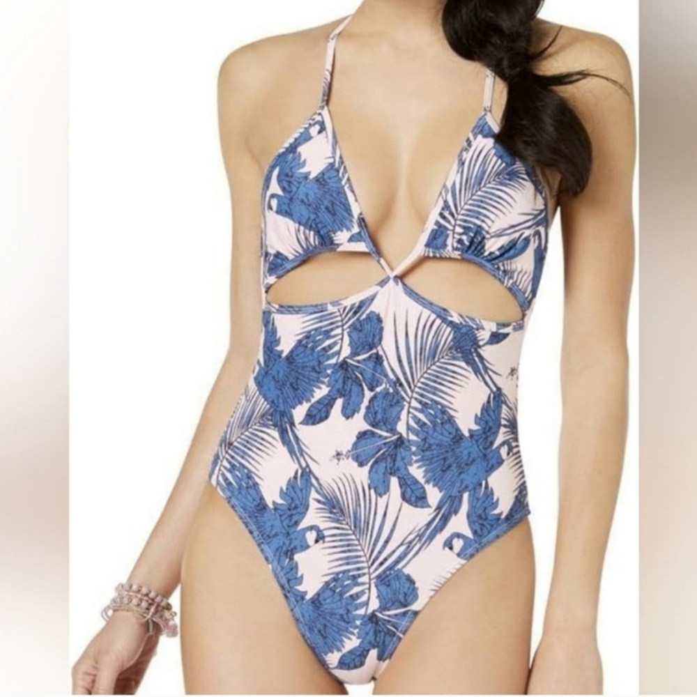 NWT MINKPINK Pink Blue Hibiscus‎ Island Cutout One Piece Swimsuit Size Medium